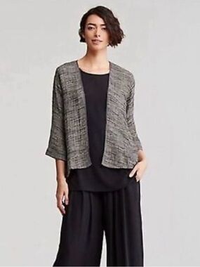 Eileen Fisher Gray Linen and Silk Open-Weave Gauze Jacket